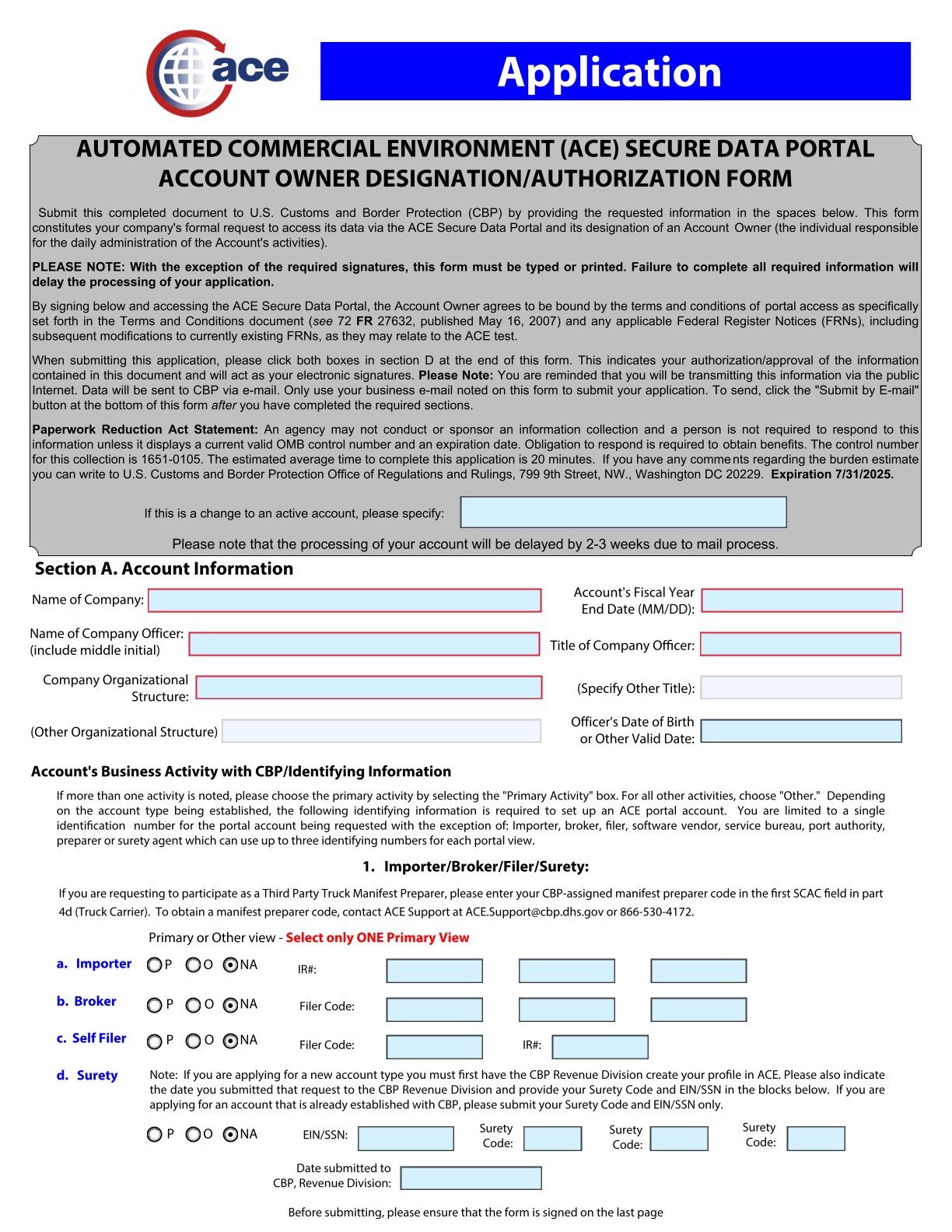 ACE registration form front page